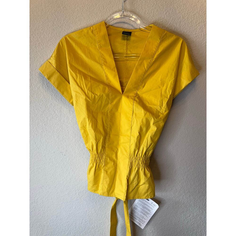 NWT Pinko Cuff Sleeve V-Neck Tie Smocked Waist Blouse Top Ocher Yellow Size XXS
